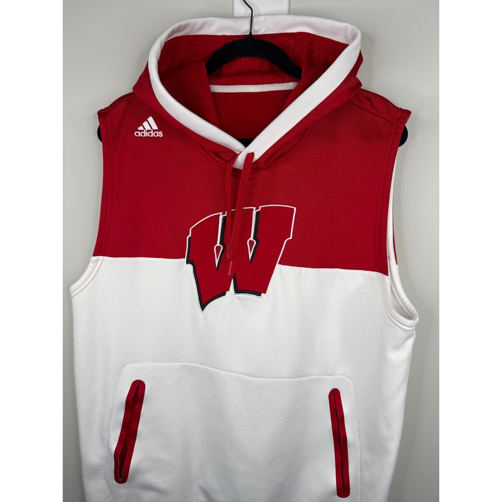 Adidas Wisconsin Badgers Sleeveless Hoodie Red White Mens Large Vest W Logo